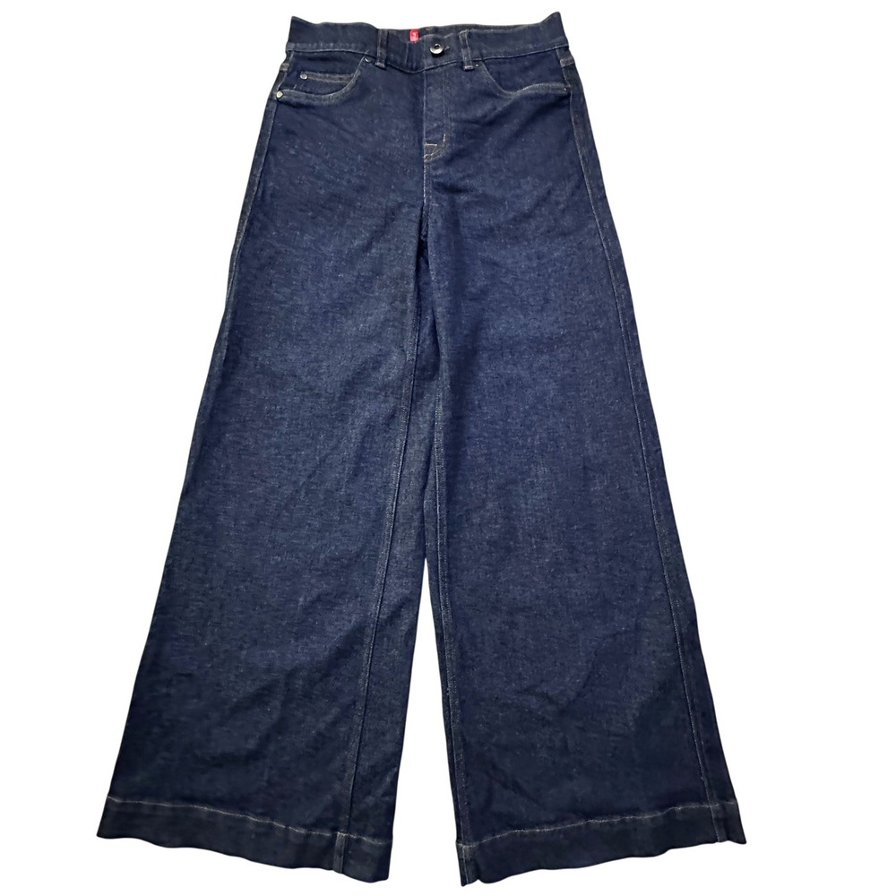 Spanx Wide Leg Jeans M Dark Wash Indigo High Waisted Flare Pull On Shaping Denim
